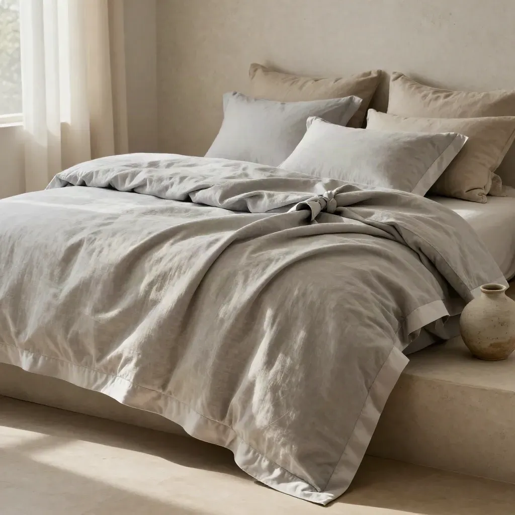 Wrapped bedding bundle spills diagonally on a plaster bench beside a linen cushion and ceramic piece.