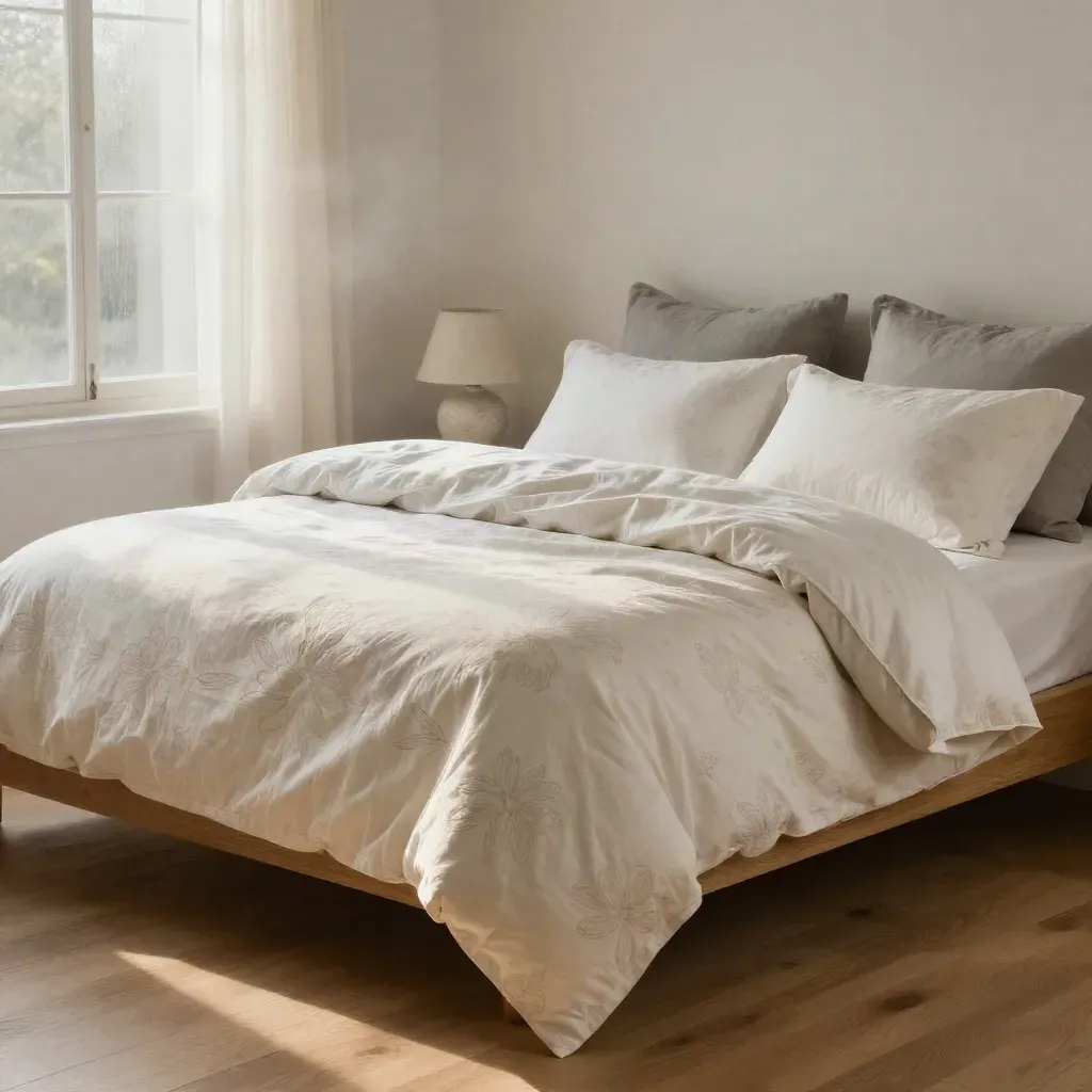 Washed cotton bedding on a low oak platform with shams, throw, and stone lamp at dawn.
