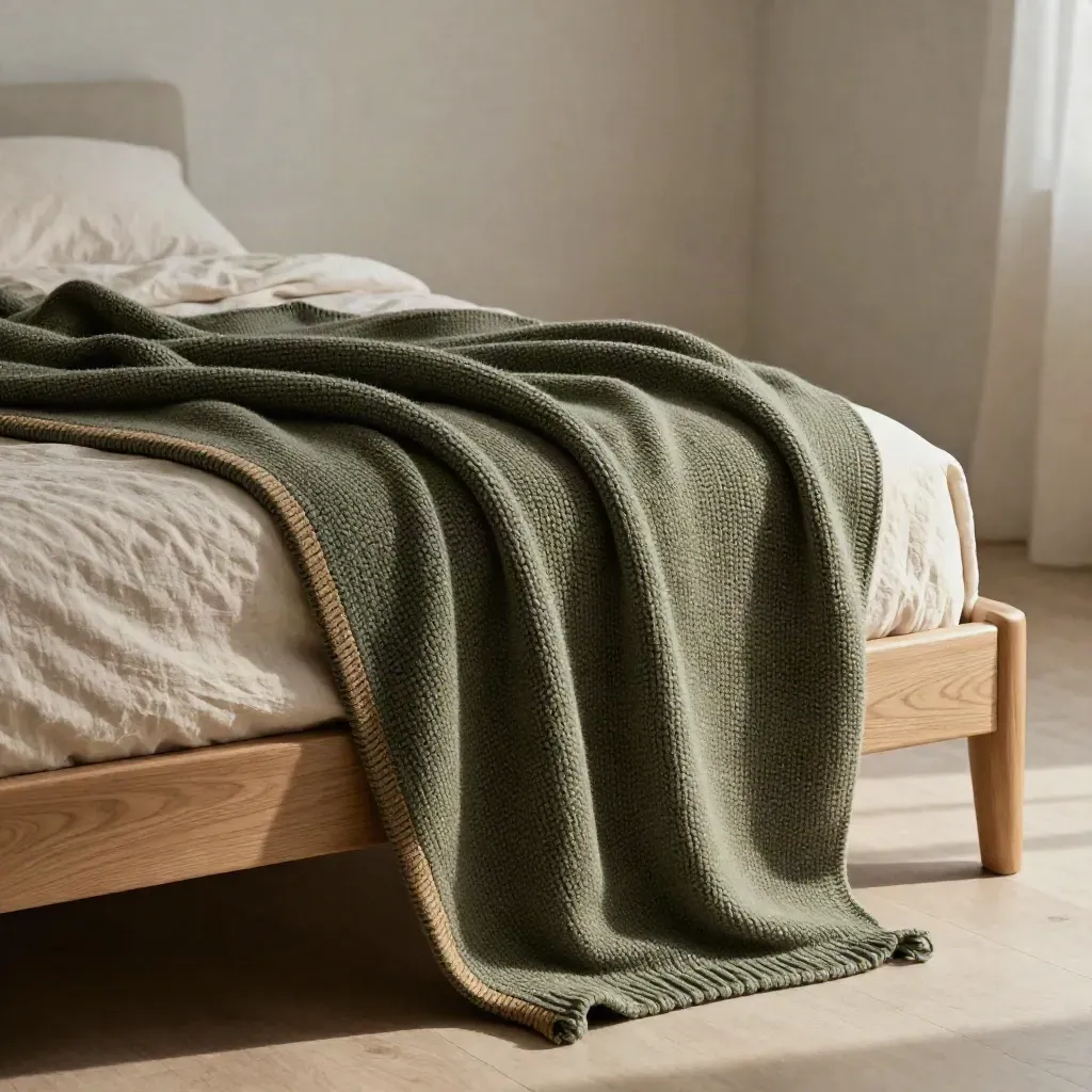 Olive-sage knit throw draped over a low bed with linen pillow in soft daylight