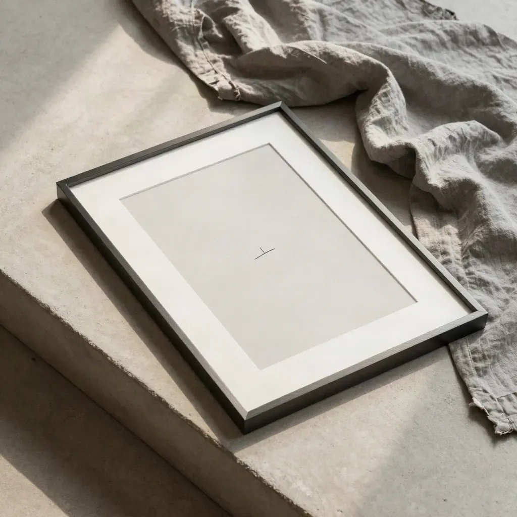 Top-down flatlay of a minimalist framed line print on concrete with a mist-grey linen cloth.