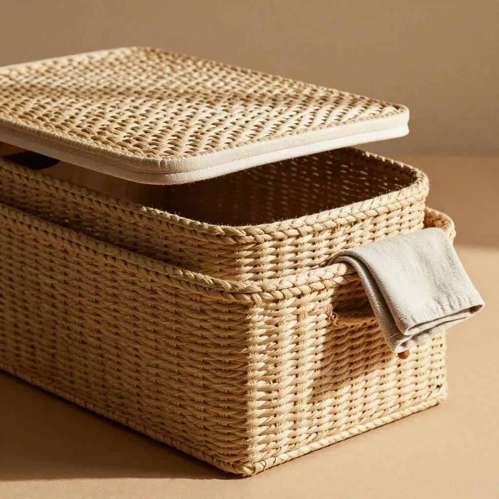 Nested woven storage bins with tipped lid and linen cloth on a sand plaster plinth.