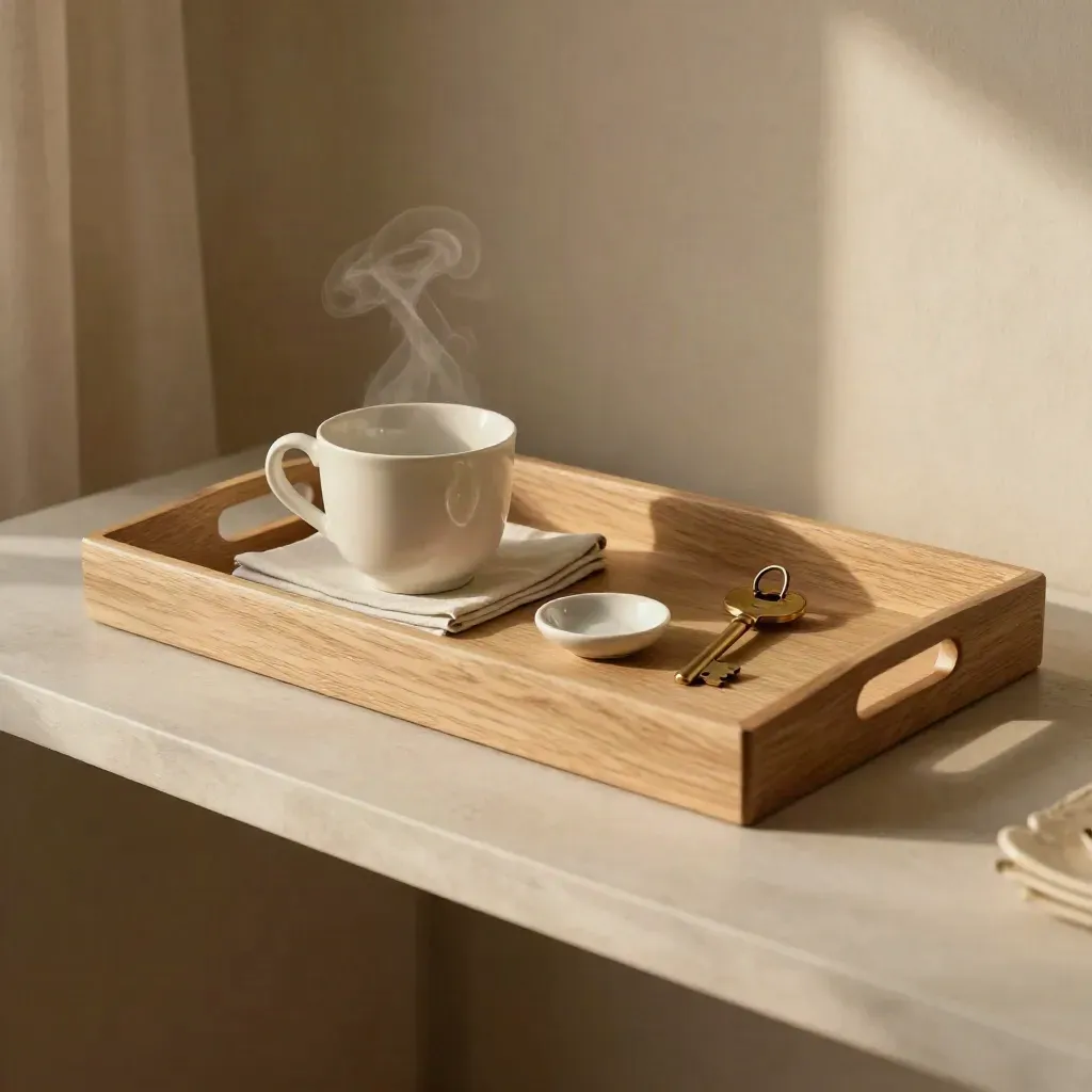 Oak tray with ceramic cup, napkin and key dish in warm entryway light
