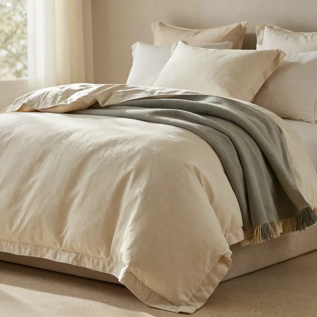 Sage bedding bundle stack with lifted duvet corner and exposed pillow edge in warm late-afternoon light.