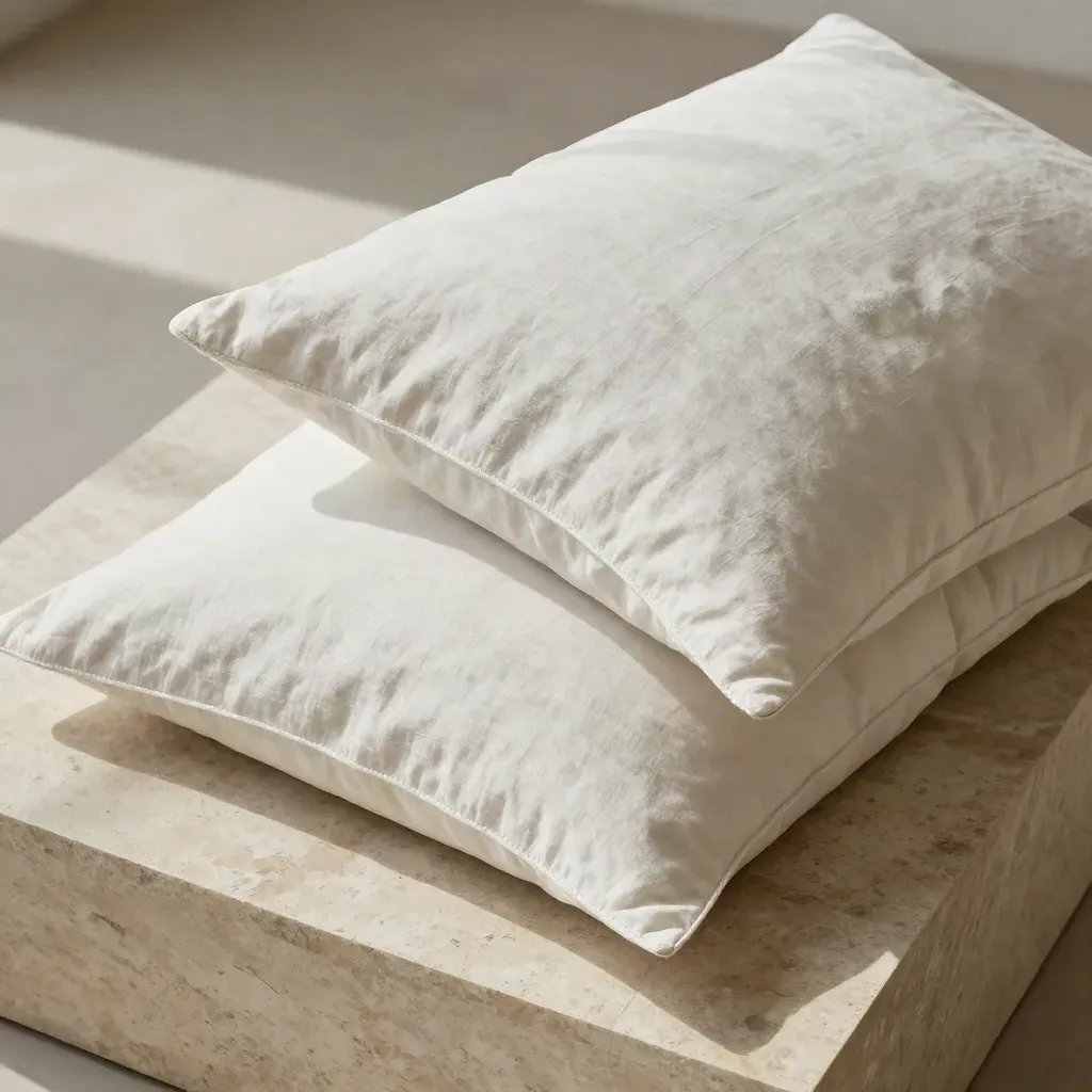Overhead flatlay of two overlapping linen pillows on pale stone, softly lit in cloud white tones.