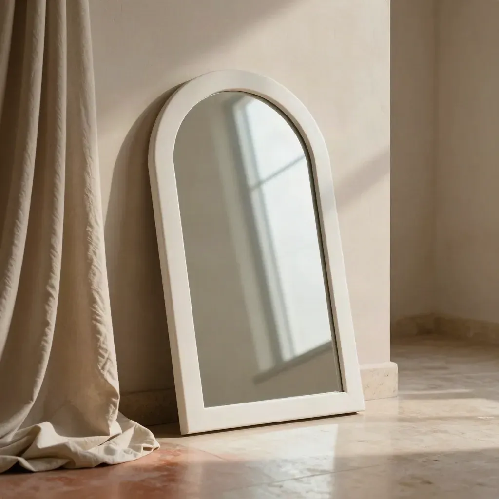 Pale arched mirror leaning by a linen drape and ceramic plinth in a soft studio corner.