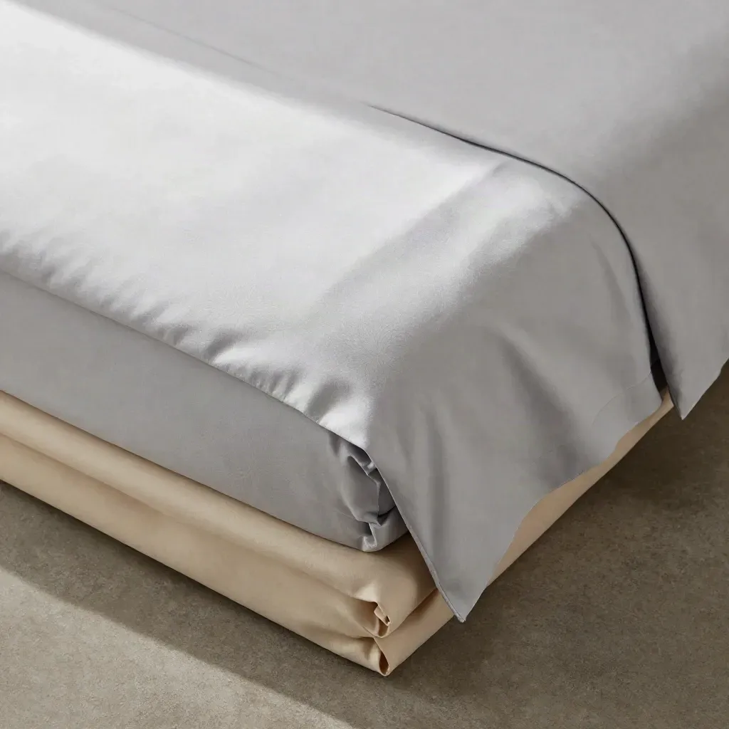 Overhead flatlay of folded mist grey queen sheets on a concrete slab