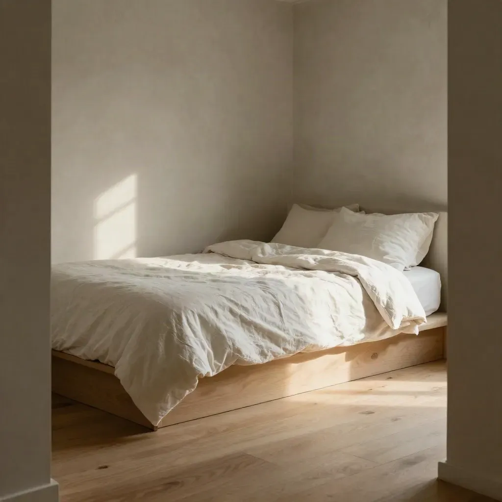 Sunlit bedding alcove with rumpled linen, oak floor, and calm plaster wall.