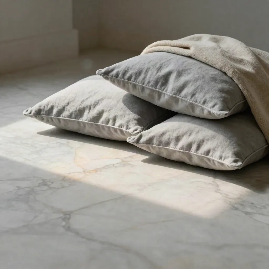 Mist-grey cushions and a folded throw on sunlit marble with calm copy space below.