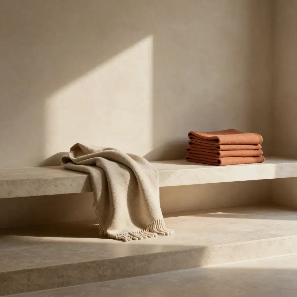 Sunlit stair landing with folded throws, a narrow bench, and long diagonal shadows.
