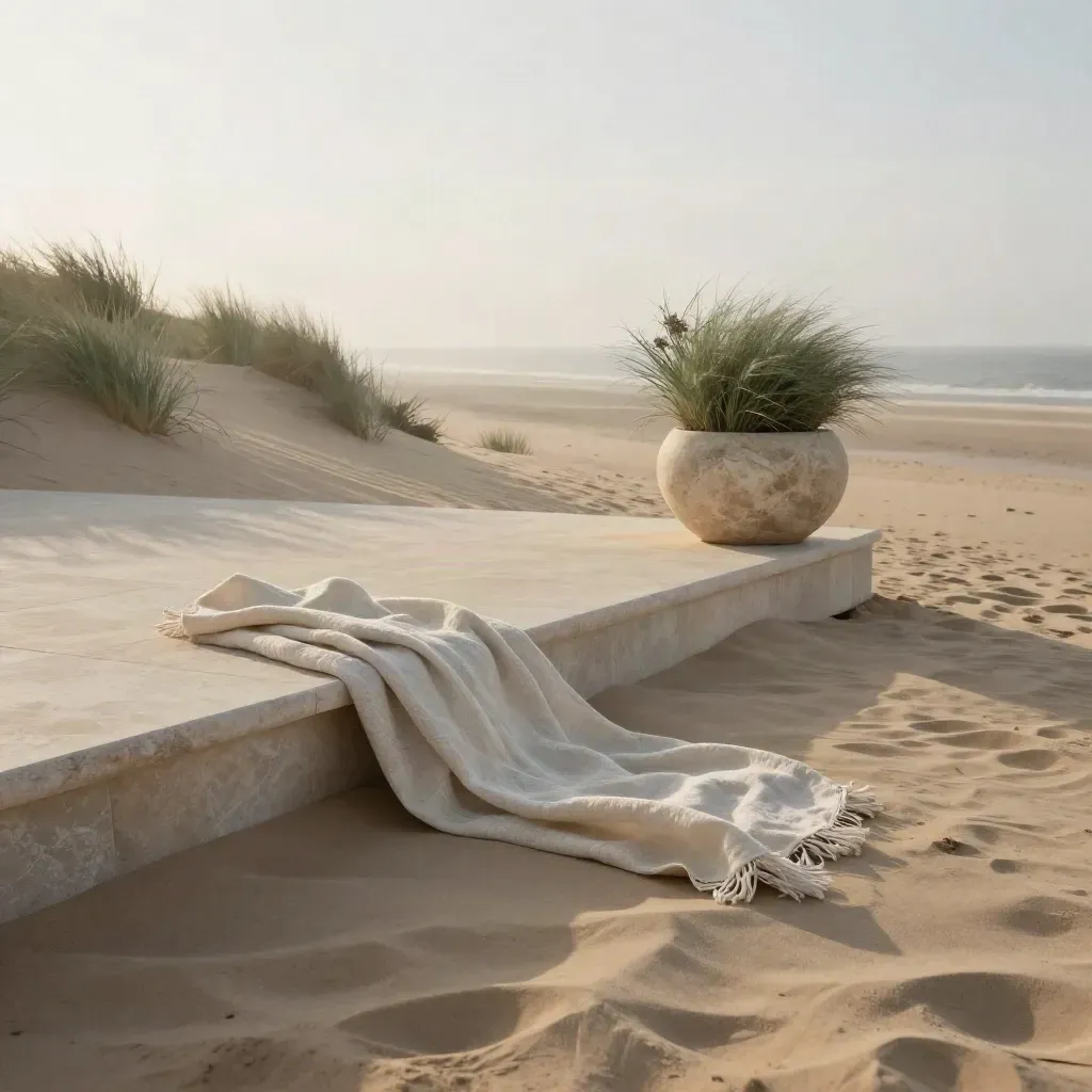 Windy dune terrace with linen throw, stone planter, sea haze, and open sand
